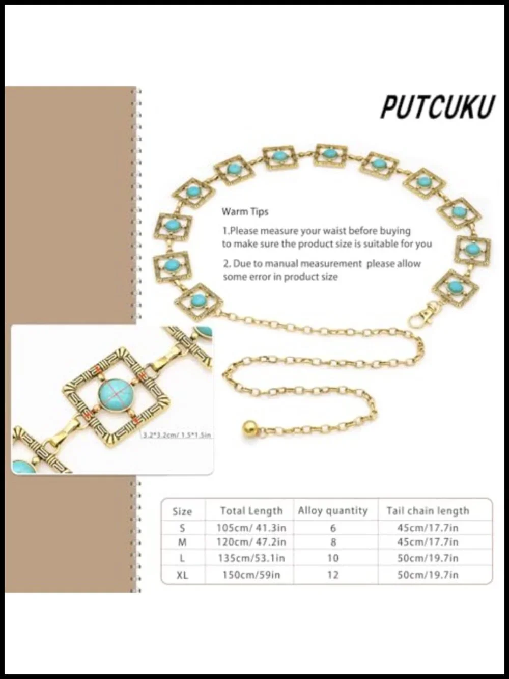 Metal Waist Chain Belt Turquoise Square Link Belt for Dress Western Cowgirl